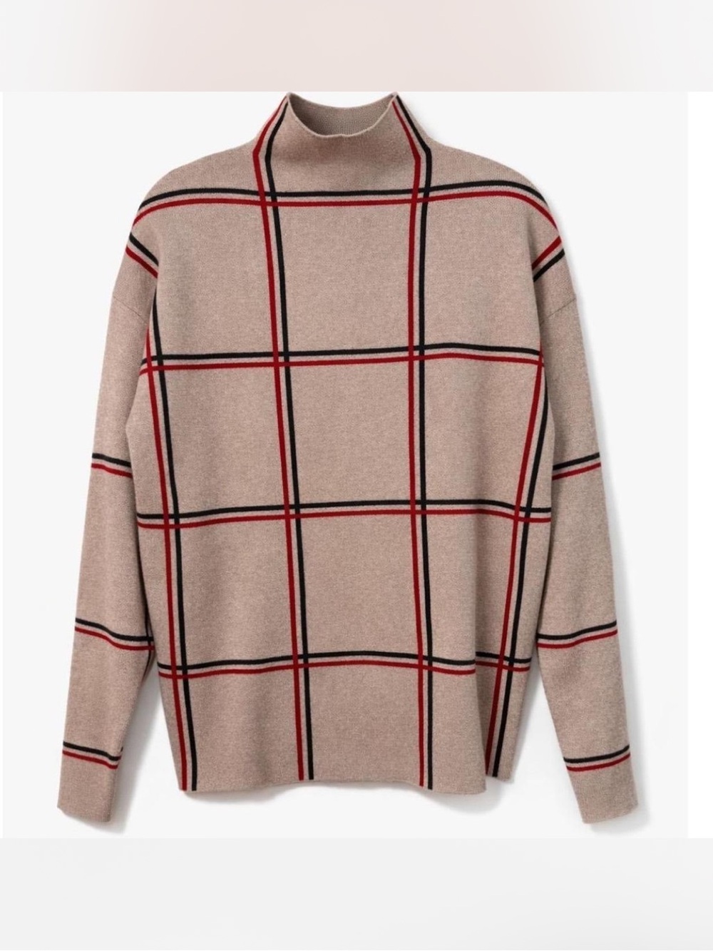 Tahari Beige Windowpane Plaid Mock Neck Sweater NWT M